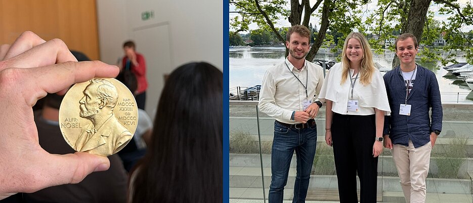 Eine einzigartige Gelegenheit: Carsten Büchner hielt die Nobelmedaille von Katalin Karikó in der Hand. Büchner (links) und Johanna Siegel promovieren an der Graduate School of Life Sciences der Uni Würzburg; neben ihnen Dr. Hermann Neitz.