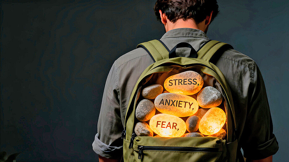 Mann, der einen Rucksack trägt, beladen mit glühenden Steinen mit der Aufschrift "Stress", "Anxiety" und "Fear".