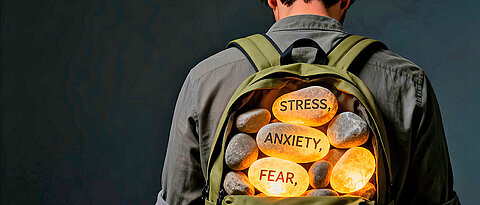 Mann, der einen Rucksack trägt, beladen mit glühenden Steinen mit der Aufschrift "Stress", "Anxiety" und "Fear".