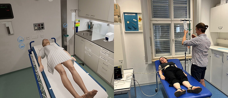 Links: Virtuelle Patientin im VR-Szenario. Rechts: Schauspielperson im klassischen Prüfungsaufbau.