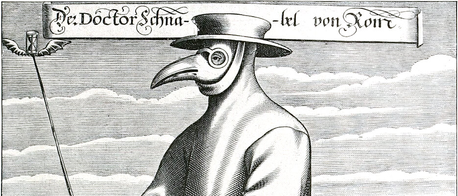 Kupferstich eines Pestdoktors von Paul Fürst, Der Doctor Schnabel von Rom, ca. 1656.
