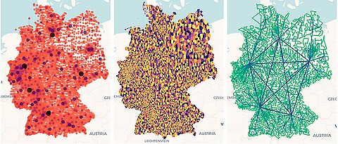 Ein Beispiel für ein Internet-Knotennetz für Deutschland: Links die Knoten, dargestellt in den verschiedenen Netzebenen in unterschiedlichen Farben und Größen. In der Mitte jede Zelle als eine „Zuständigkeitsfläche“ eines einzelnen Netzknotens. Rechts die generierte Topologie mit Knoten und Verlinkungen.