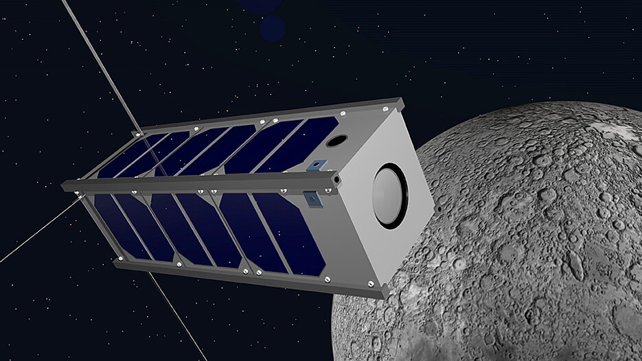Visualisierung eines Kleinsatelliten bei einem extraterrestrischen Einsatz im Umfeld des Mondes.