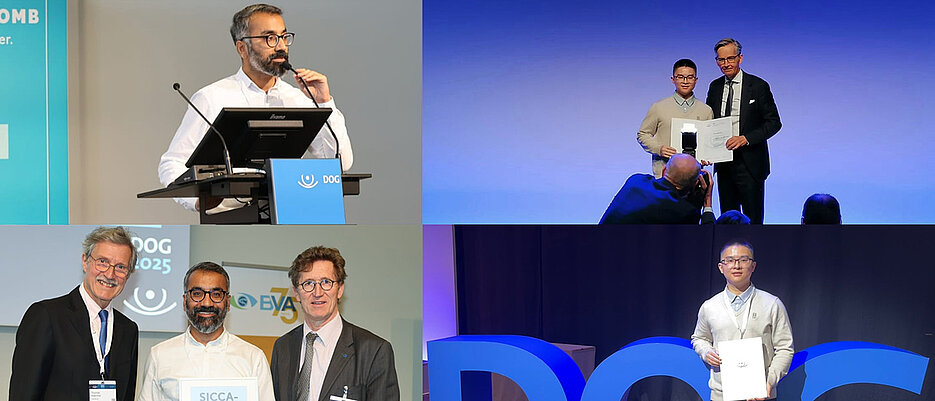 Dr. Malik Haider (linke Spalte) wurde im Rahmen der DOG 2025 in Berlin mit dem Sicca-Preis ausgezeichnet, Zhi Liang erhielt den „Best Abstract“-Preis der AG Young DOG. 