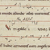 Ein Beispiel für einen Tropus: Im Gesang „Viri Galilei“ (Mitte und rot markiert) geht es um Christi Himmelfahrt und wie die Apostel dieses Ereignis wahrnehmen. Der Tropus führt ergänzend vor dem Gesang ein: „Die Apostel staunten, und die Engel sprachen zu Ihnen.“