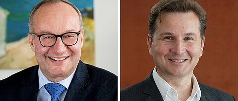 Prof. Dr. Hermann Einsele (links) und Prof. Dr. Dr. Andreas Beilhack vom Uniklinikum Würzburg stellen am 19. September 2023 in einer Online-Veranstaltung das NCT WERA und die Wirkungsweise von Immuntherapien bei Krebs vor. Bilder: UKW/Thomas Schmidt, IMIB Würzburg/Hilde Merkert