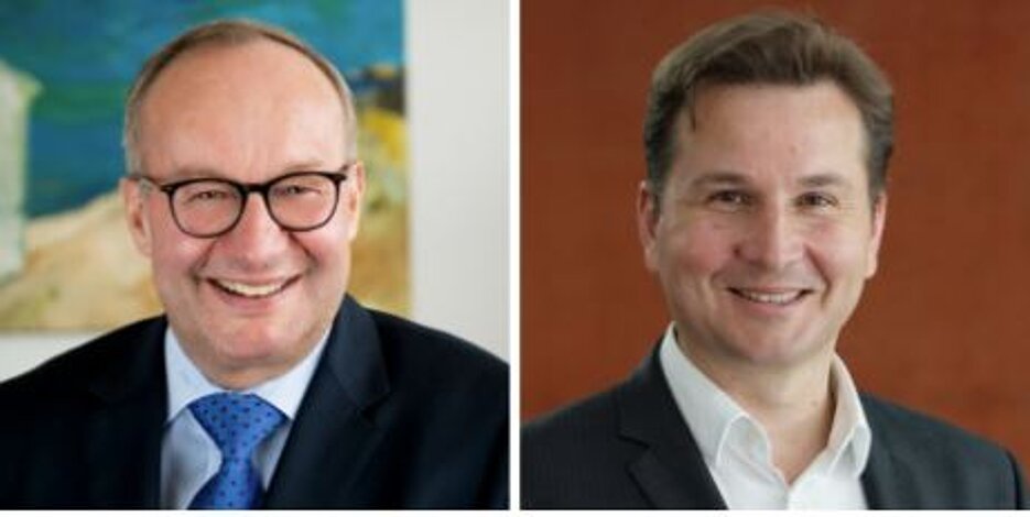 Prof. Dr. Hermann Einsele (links) und Prof. Dr. Dr. Andreas Beilhack vom Uniklinikum Würzburg stellen am 19. September 2023 in einer Online-Veranstaltung das NCT WERA und die Wirkungsweise von Immuntherapien bei Krebs vor. Bilder: UKW/Thomas Schmidt, IMIB Würzburg/Hilde Merkert