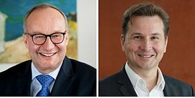 Prof. Dr. Hermann Einsele (links) und Prof. Dr. Dr. Andreas Beilhack vom Uniklinikum Würzburg stellen am 19. September 2023 in einer Online-Veranstaltung das NCT WERA und die Wirkungsweise von Immuntherapien bei Krebs vor. Bilder: UKW/Thomas Schmidt, IMIB Würzburg/Hilde Merkert