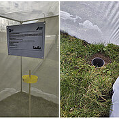 Links: Farbschale zum Fang fliegender Insekten in der Emergenzfalle. Rechts: Bodenfalle für den Fang flugunfähiger Insekten und Spinnen.
