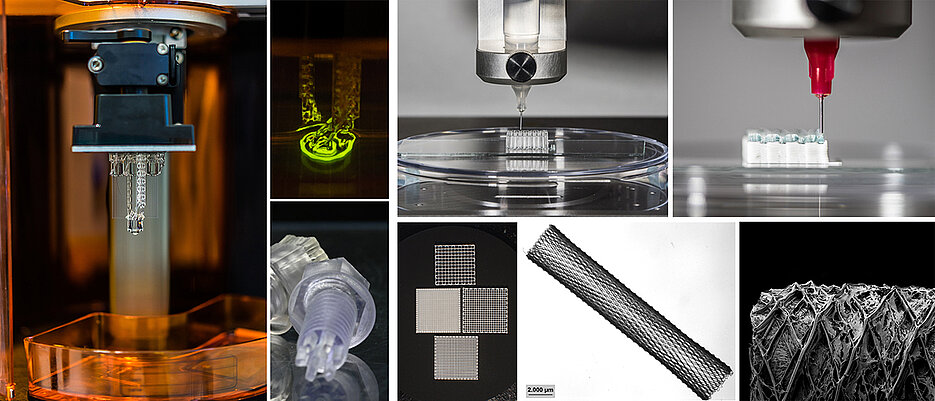 Beispiele für Drucktechniken: Mit Stereolithographie lassen sich Bauteile durch selektive Vernetzung eines Harzes detailgetreu fertigen. Extrusionsbasierte 3D-Druckverfahren können zur Fertigung von Mehrkomponentenbauteilen verwendet werden. Das neuartige Druckverfahren „Melt Electrowriting“ ermöglicht die Herstellung von Gerüstträgern aus Fasern mit Durchmessern, die kleiner sind als die von menschlichem Haar. Diese dünnen Fasern ermöglichen es, die Zell-Material-Wechselwirkungen bei Gerüstträgern zu kontrollieren.