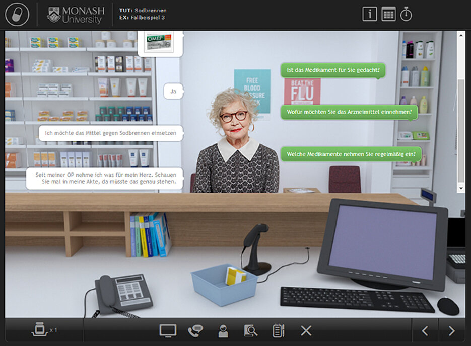 Screenshot aus dem Apothekensimulationsprogramm MyDispense. Studierende der Pharmazie können damit Beratungsgespräche trainieren.