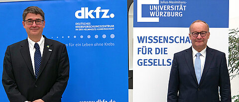 Sie waren der Pressekonferenz in Berlin von Würzburg aus zugeschaltet: Die Professoren Michael Baumann, Vorstandsvorsitzender des Deutschen Krebsforschungszentrums Heidelberg, und Hermann Einsele, Direktor der Medizinischen Klinik II des Würzburger Universitätsklinikums und Standortkoordinator des neu eingerichteten NCT WERA in Würzburg.