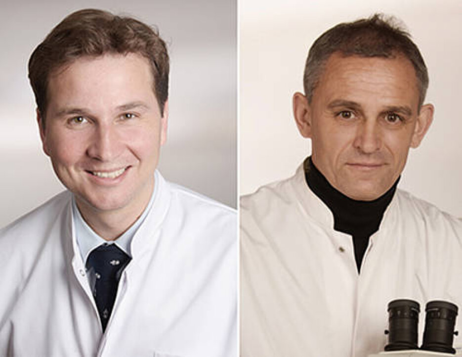 Andreas Beilhack (links) und Harald Wajant leiten das Forscherteam, das am Uniklinikum Würzburg an einer neuen Therapie arbeitet, um die Graft-versus-Host-Erkrankung nach Stammzelltransplantation zu verhindern. (Fotos: Margarete de Selliers)